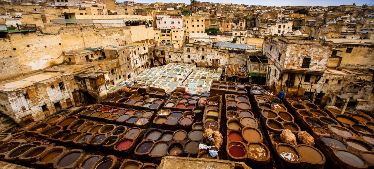 Colorful Chouara tannery vats in Fes on the 5 days tour from Tangier to Marrakech.