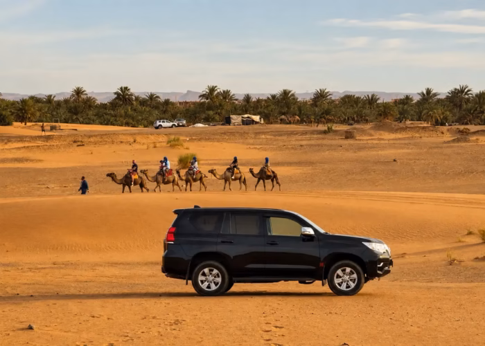 Imagine Morocco 4×4 vehicle in the Merzouga desert with a camel caravan crossing the dunes behind it.