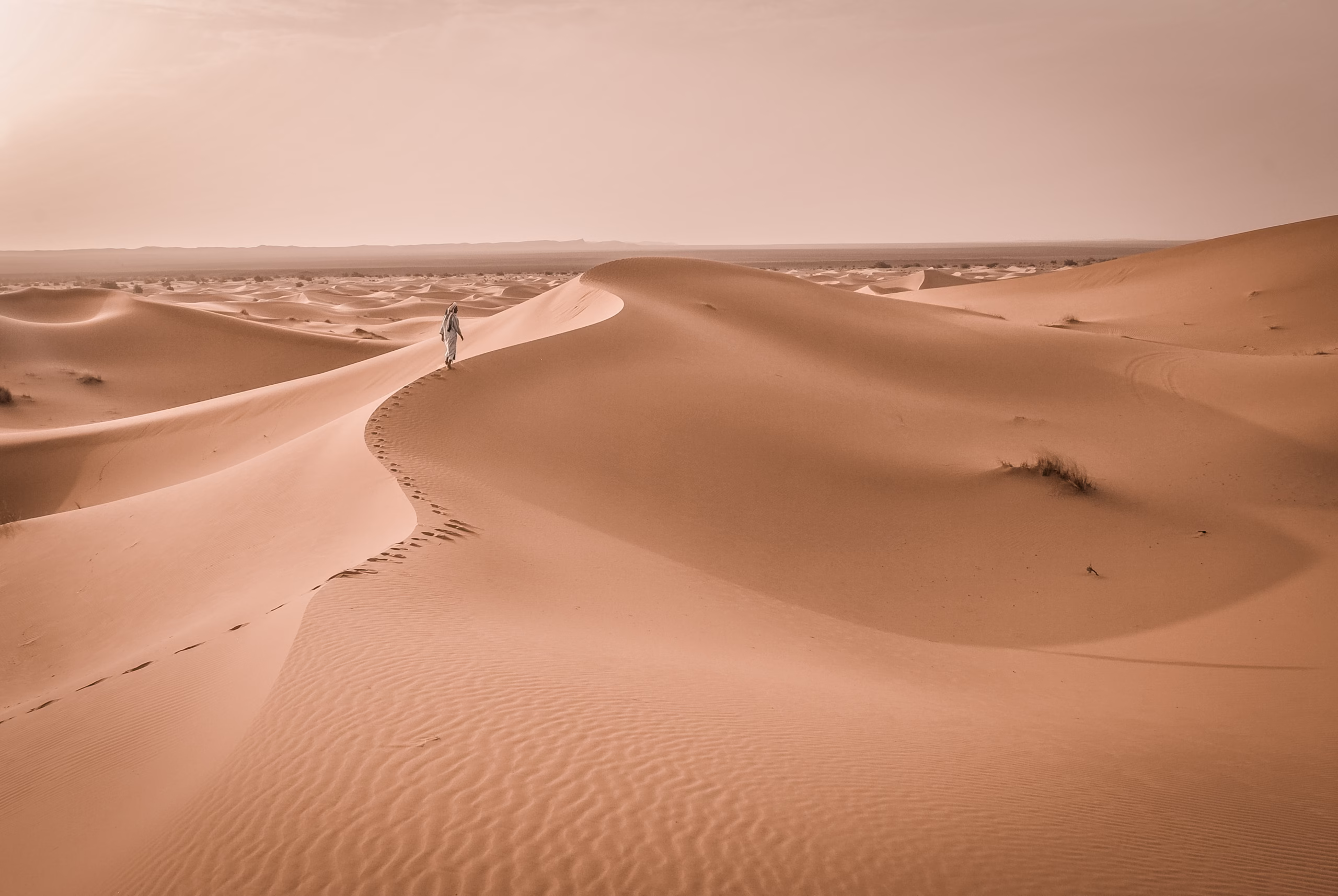 Travelers crossing the Erg Chebbi dunes during a four-day Marrakech to Fes desert tour.