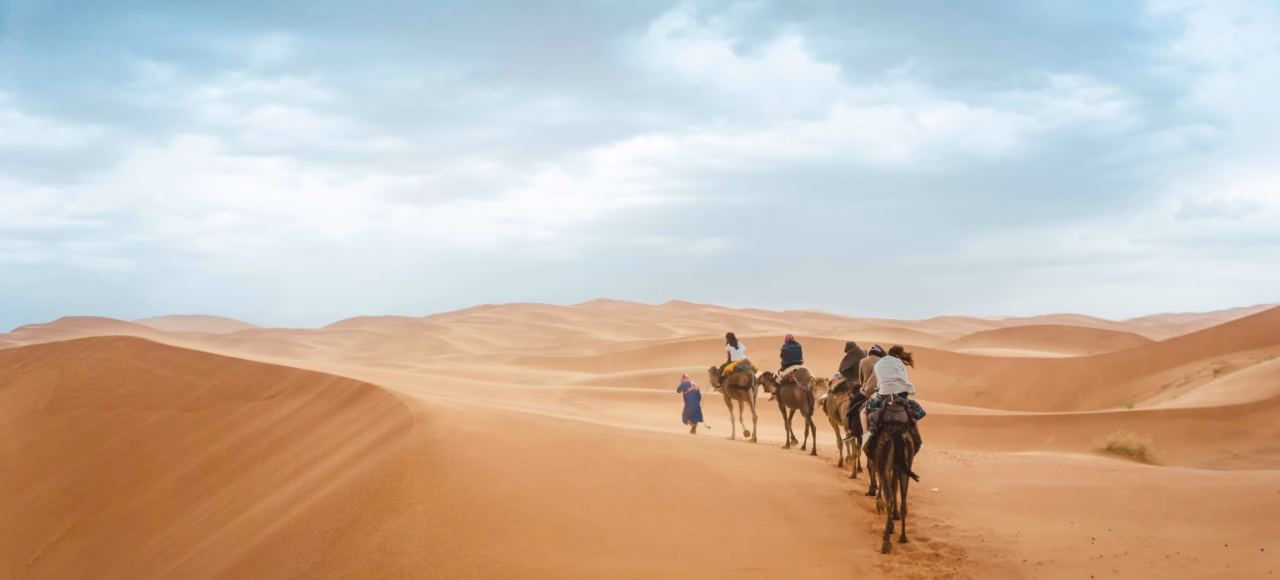 Camels Caravan in Merzouga during 6 days from Tangier Camel caravan crossing the Erg Chebbi dunes near Merzouga at sunset
