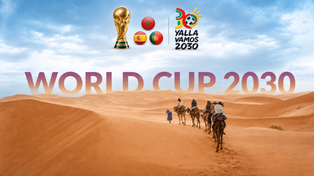 Morocco World Cup 2030 desert scene with camel caravan and host nation symbols