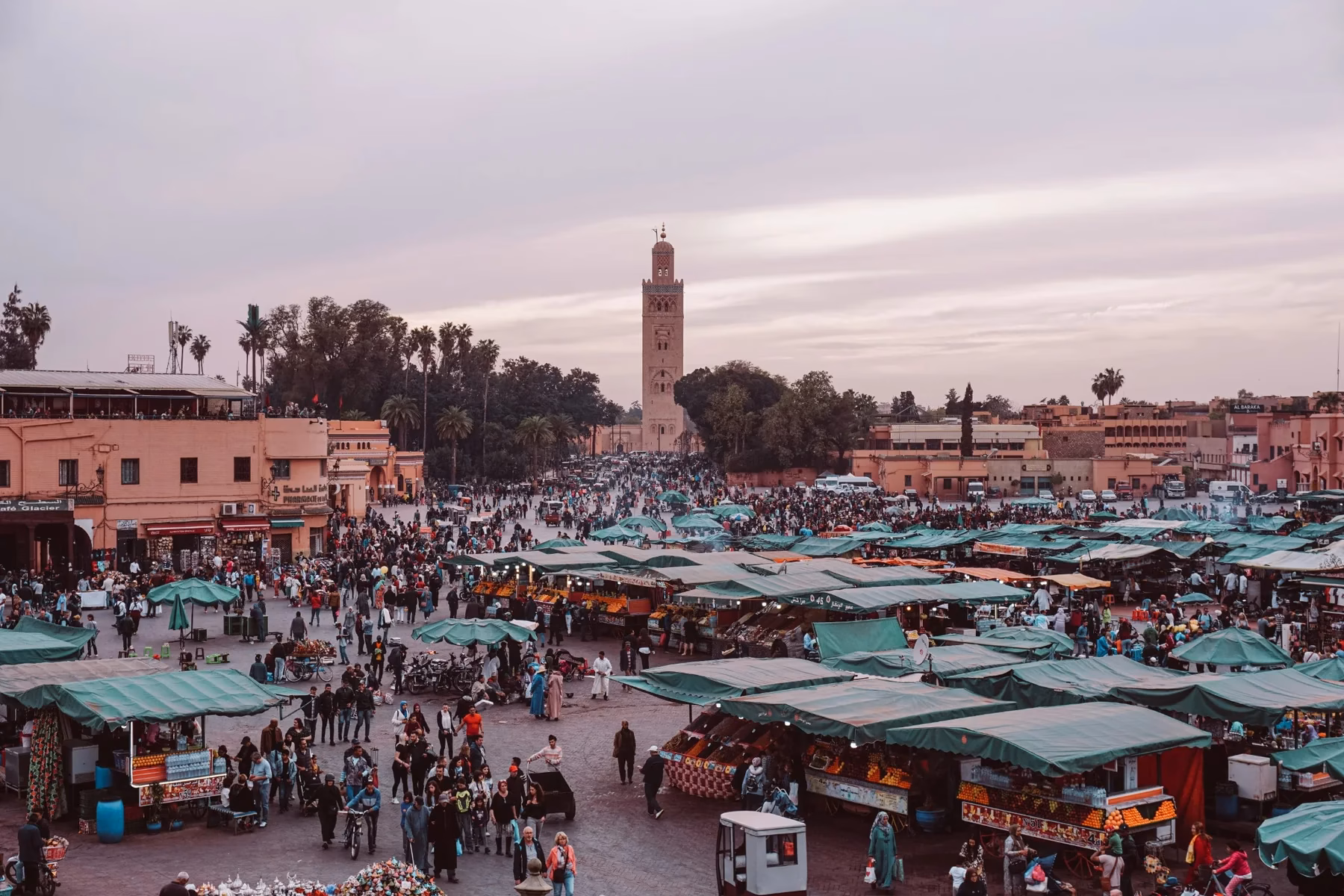 Jemaa el-Fnaa square and Koutoubia Mosque in Marrakech, Morocco