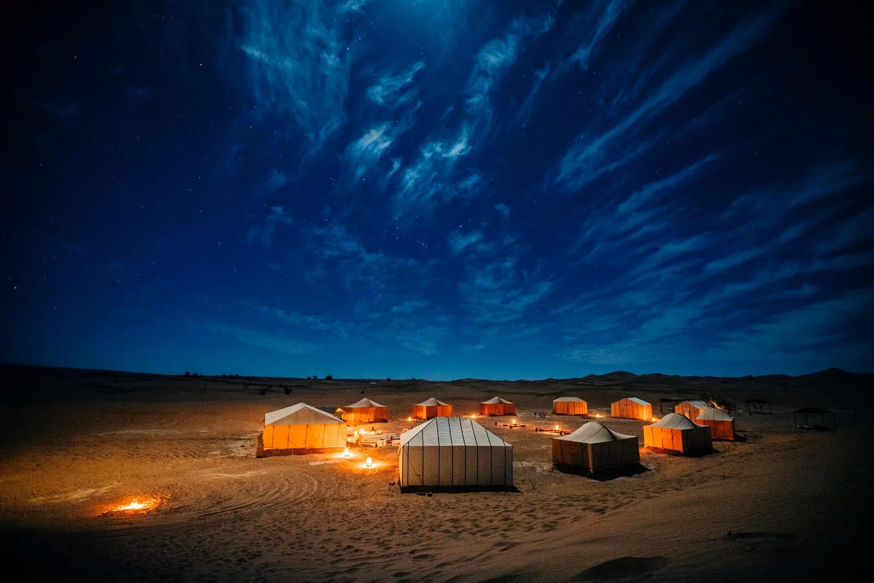 Merzouga desert camp at night during a Morocco World Cup 2030 trip