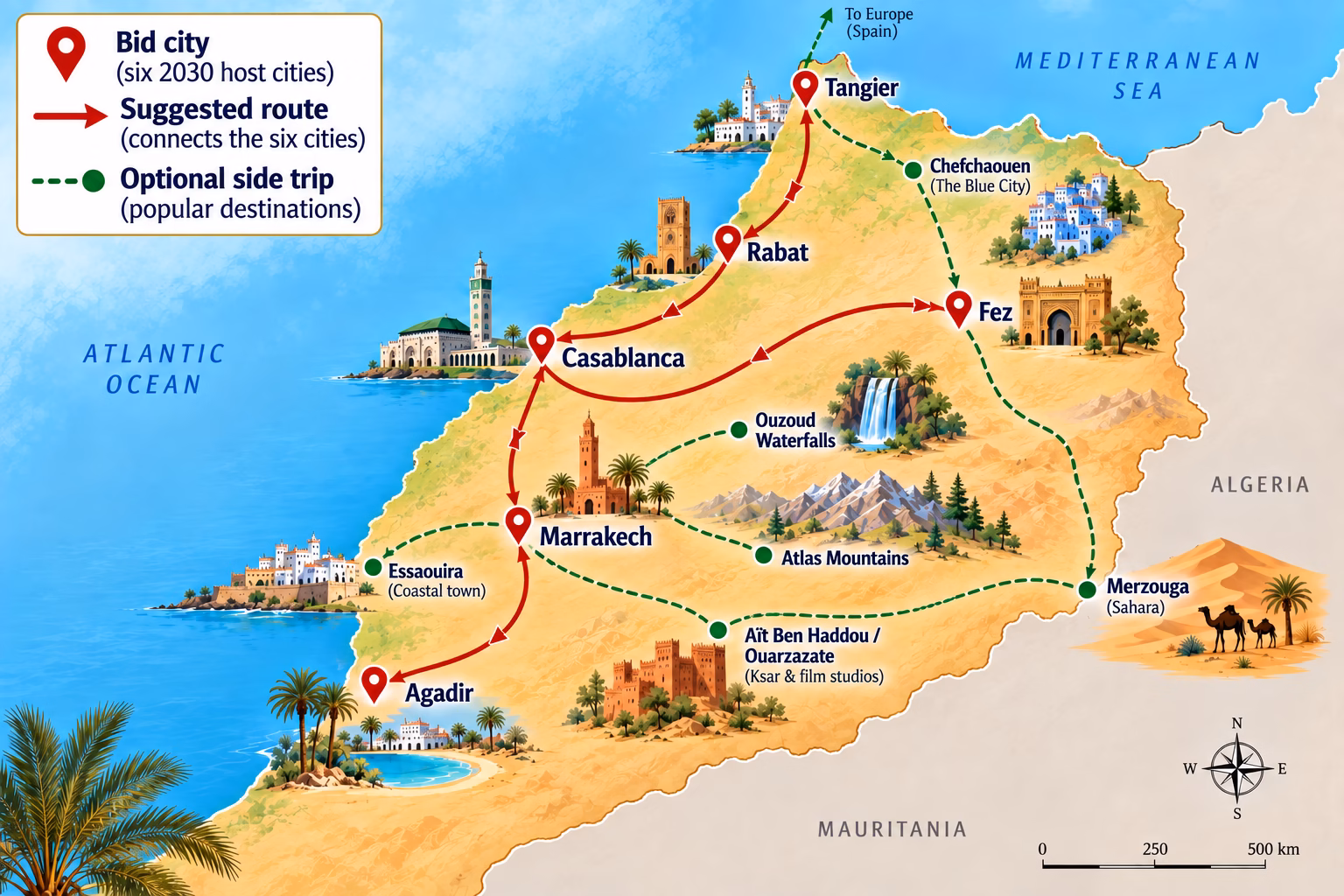 Map of Morocco showing the six 2030 World Cup host cities, travel route, and optional side trips