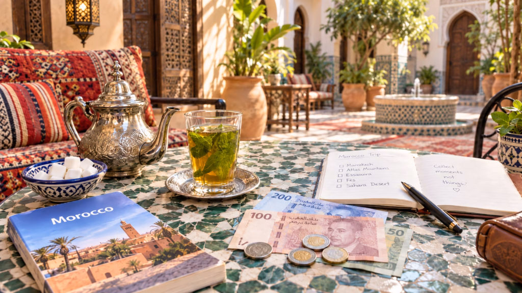 Traditional Moroccan riad courtyard with tiled floors and a central fountain
