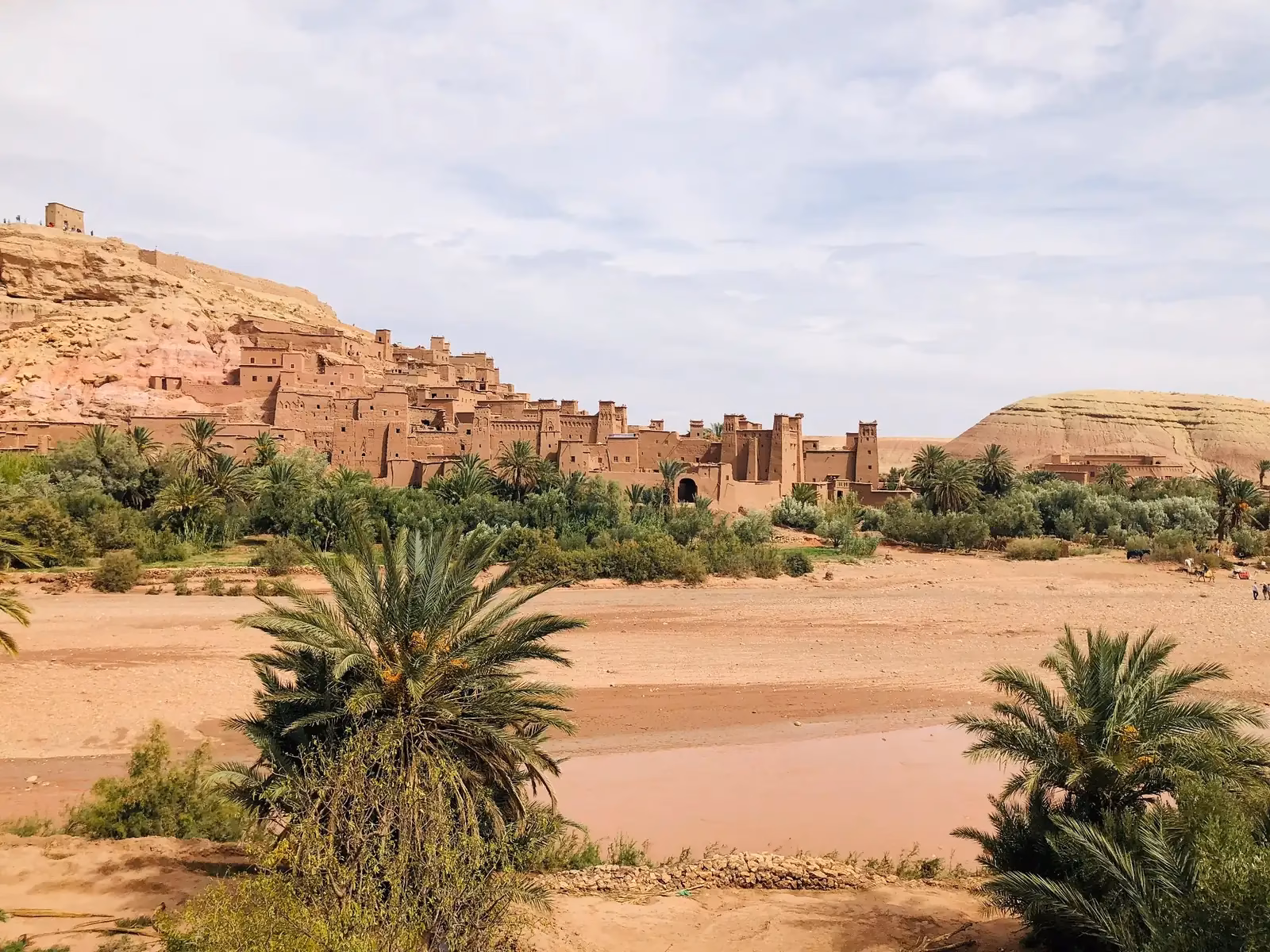 Panoramic view of the earthen buildings of Aït Ben Haddou in Morocco